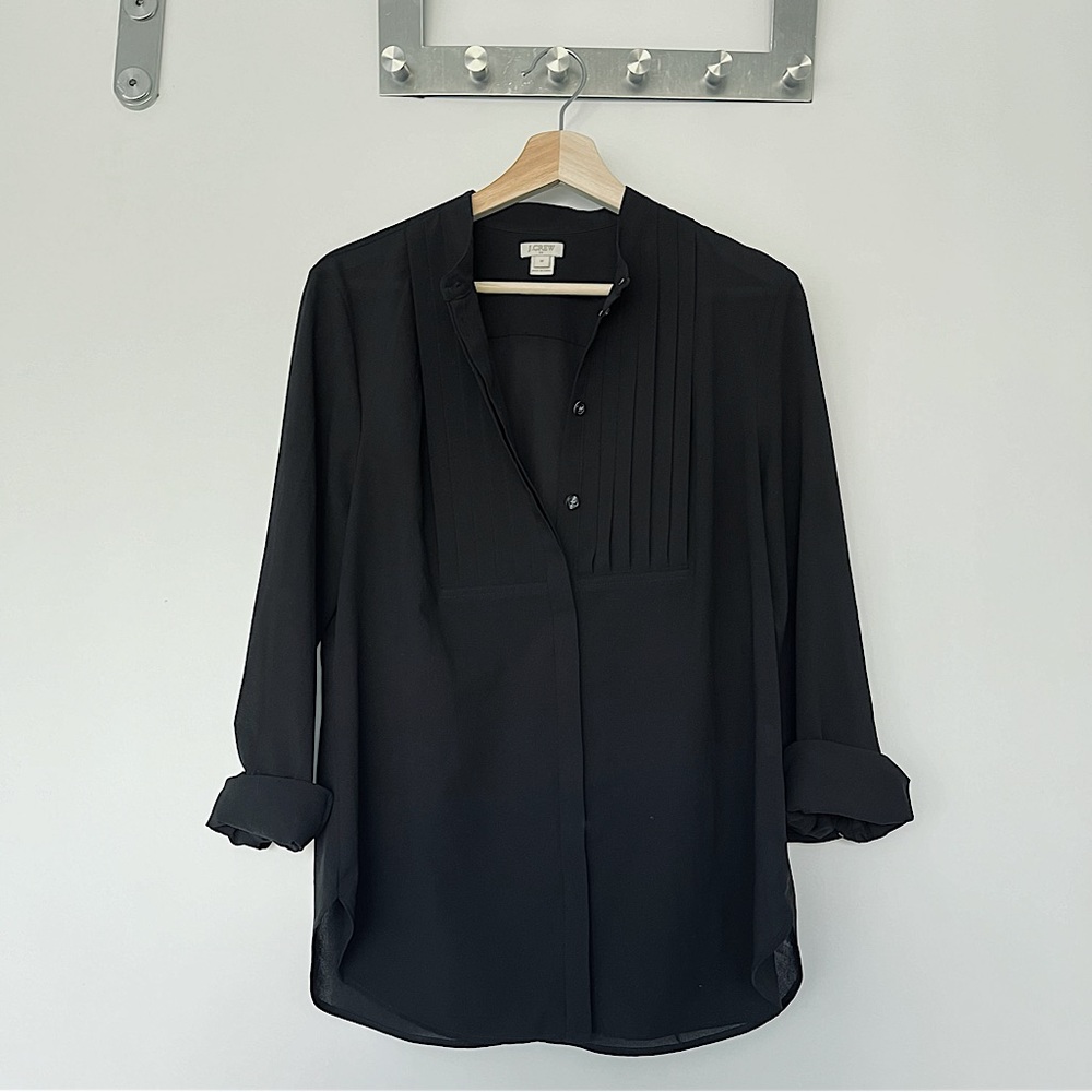 J Crew Sheer Tuxedo Pintuck Button Up Blouse - Size M, Black